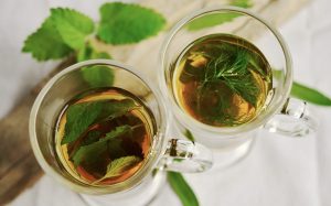 Two clear glass tumblers filled with holy cow tea, with fresh green herbs floating on top, placed on a light surface with green leaves nearby.