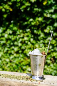 A silver cup filled with crushed ice, garnished with mint leaves and a star anise, sits on a wooden surface with scattered herbs, against a blurred green leafy background.