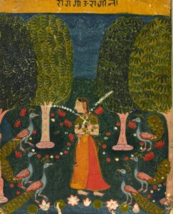 A woman in a red and orange sari stands holding flowers, surrounded by peacocks and trees against a dark background, with decorative flowers at her feet and yellow text above.